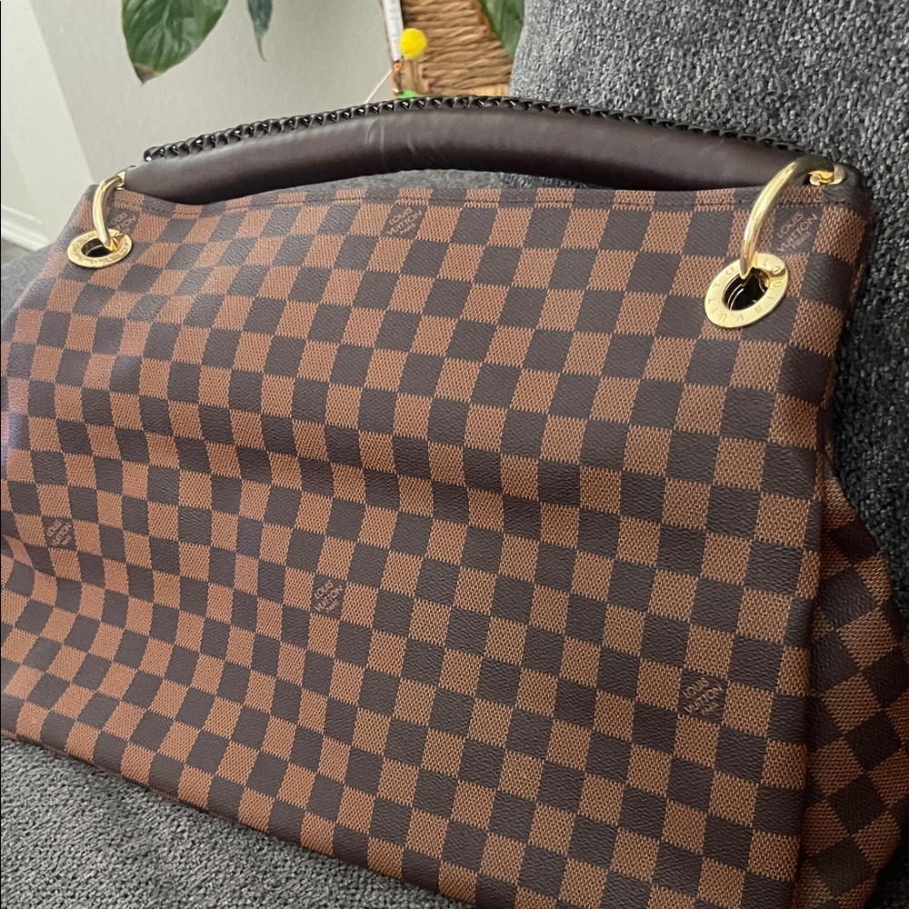Elegant Brown Checkered Shoulder Bag with Gold Accents